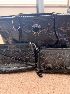 Coach Black Signature Coated Canvas Tote with Matching Wristlet & Zip Pouch